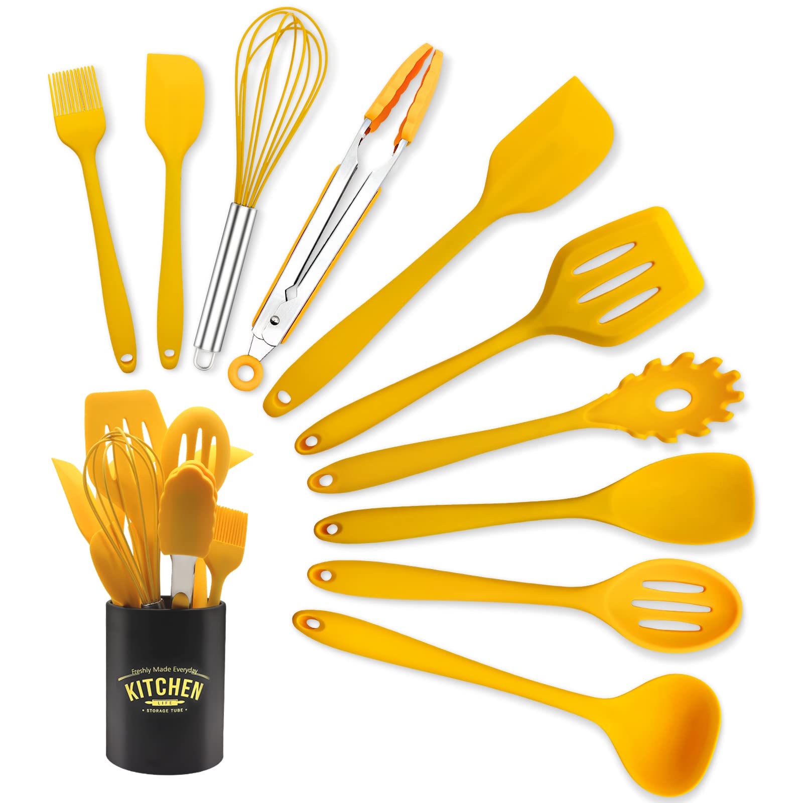 11-Piece Silicone Cooking Utensil Set, Non-Stick Kitchen Gadgets with Spatulas, Includes Iron Utensil Holder, Non-Scratch Heat-Resistant Kitchen Tools (Yellow)