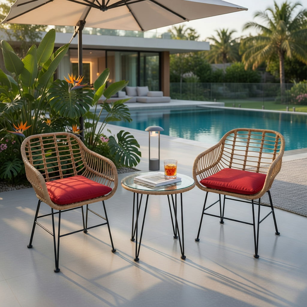 Hommoo 3-Piece Rattan Outdoor Furniture Set, 2 Cushioned Chairs + Tempered Glass Coffee Table, Weather-Resistant, Indoor/Outdoor Use, Red
