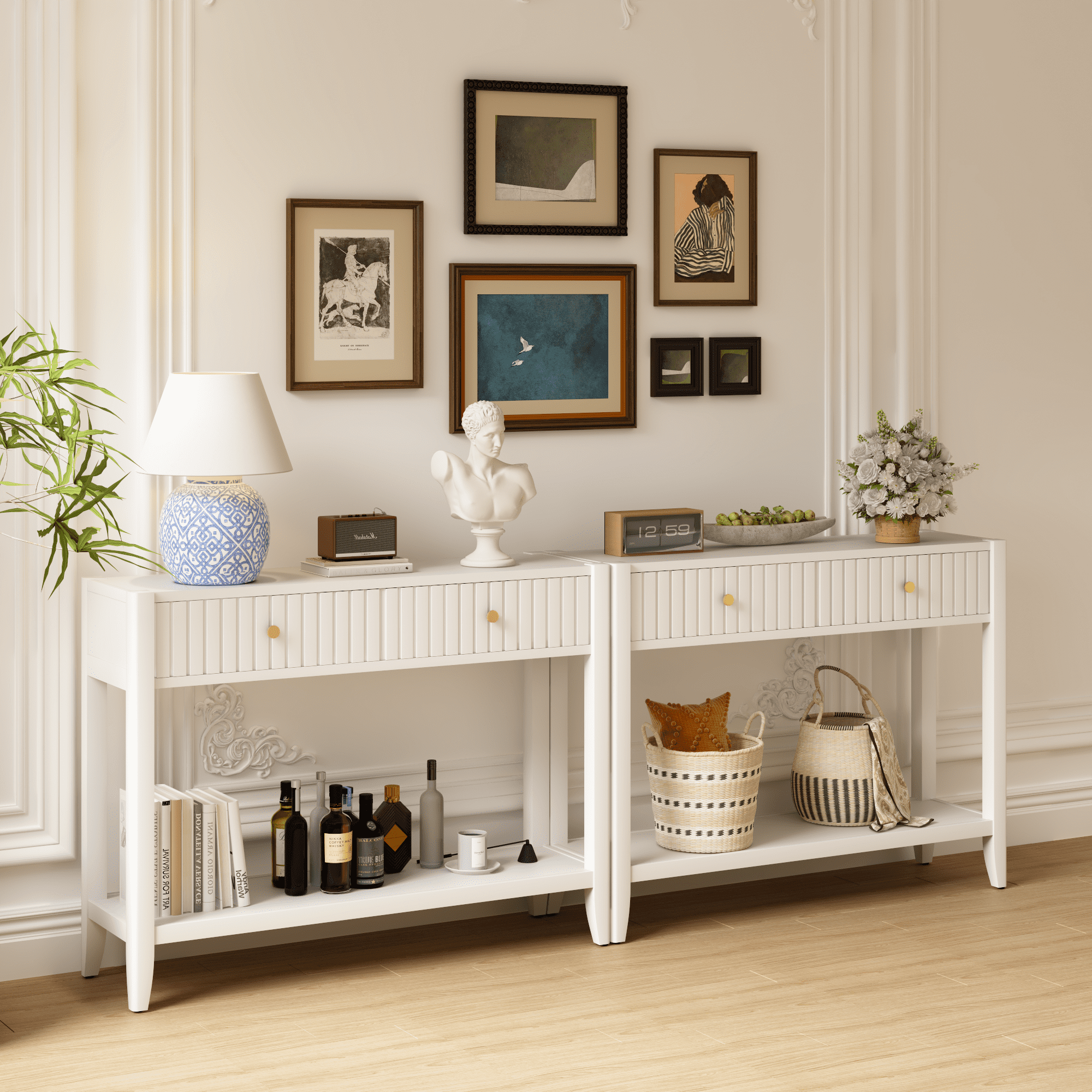 29.53" Tall Console Table with Drawers, Narrow Wood Accent Sofa Table Entryway Table with Storage Shelf for Entryway, Front Hall, Hallway, Living Room, White