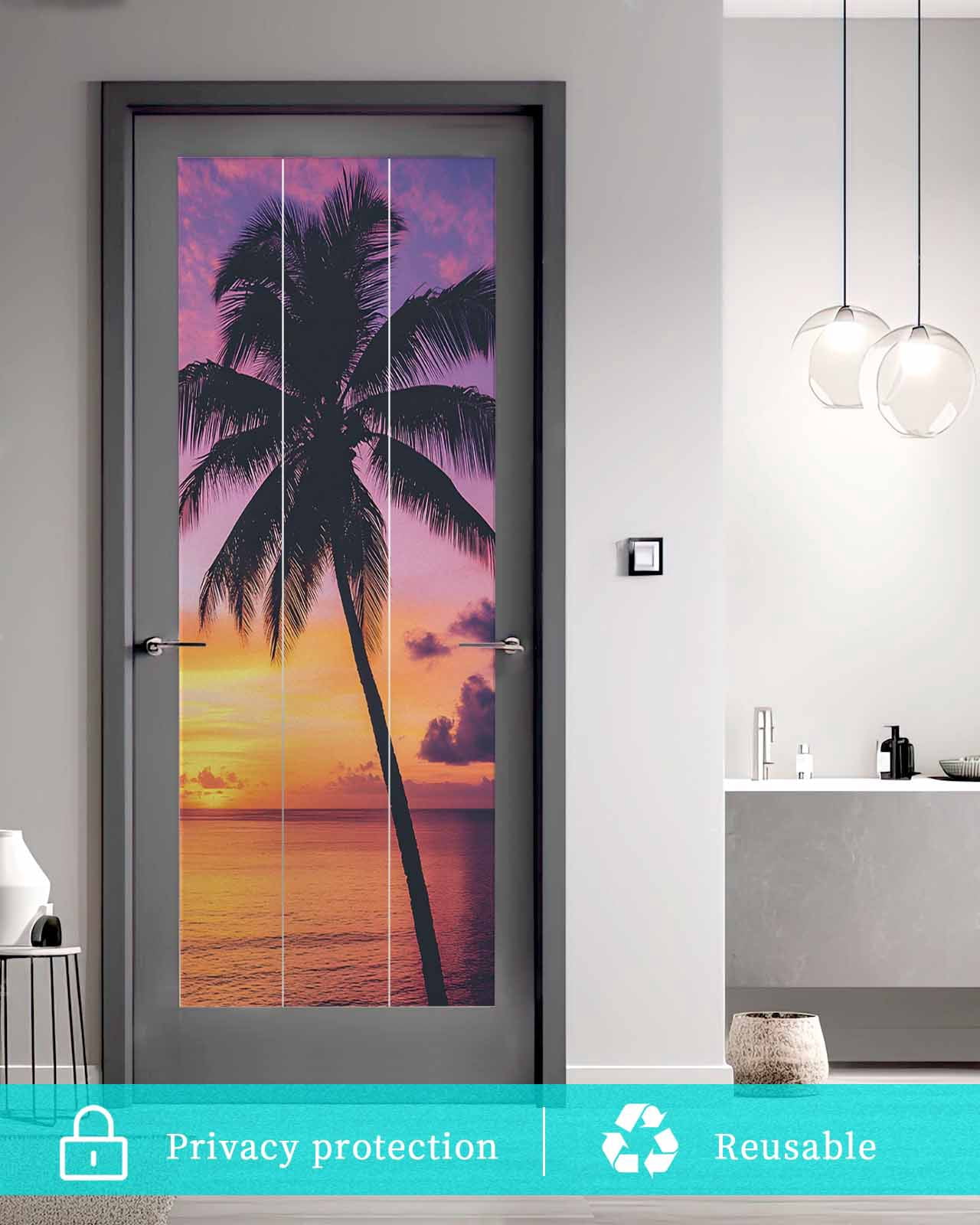 Window Privacy Film Summer Sunset Stained Glass Window Film Decorative Sun Block Window Cover Ocean Seaside Sky Cloud Scenery Palm Tree Window Clings Static Adhesive Sticker for Bathroom 23.6"x59"