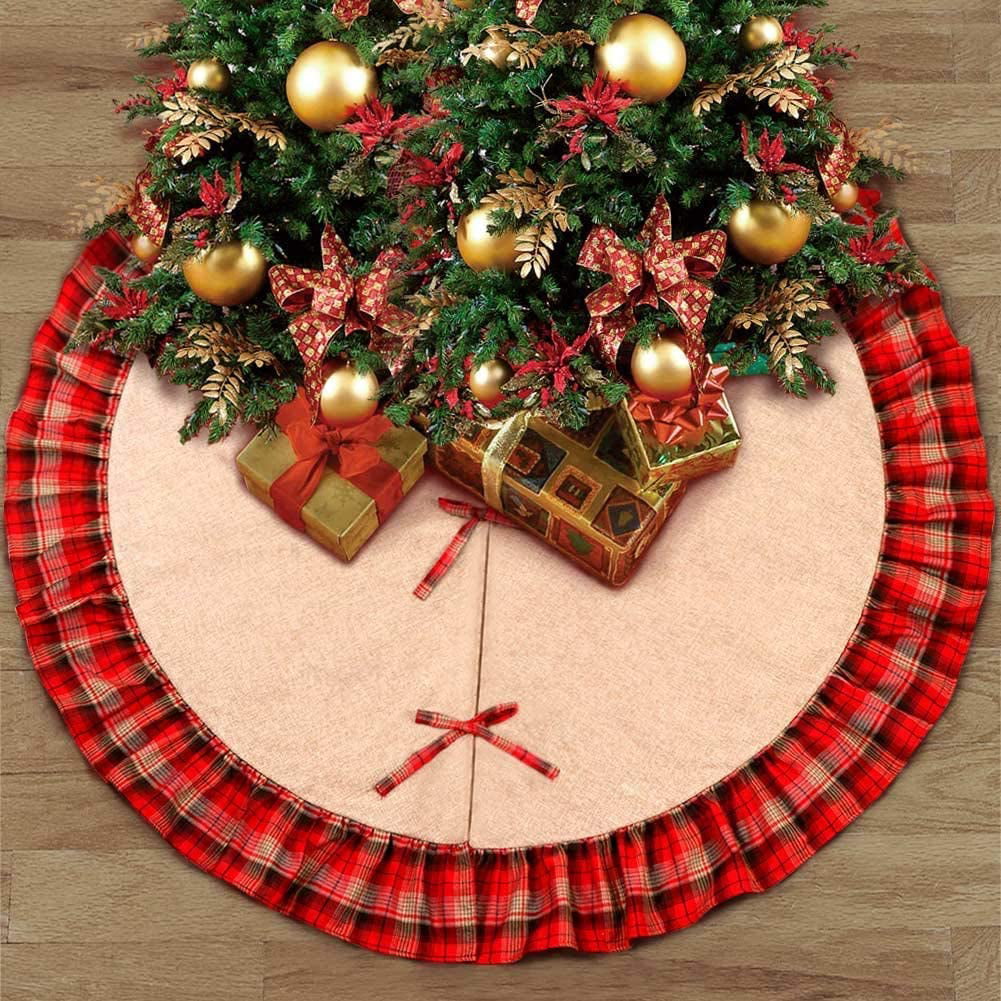 48" Christmas Tree Skirt  Natural Burlap with Brown Color Red Plaid Trim Rustic 