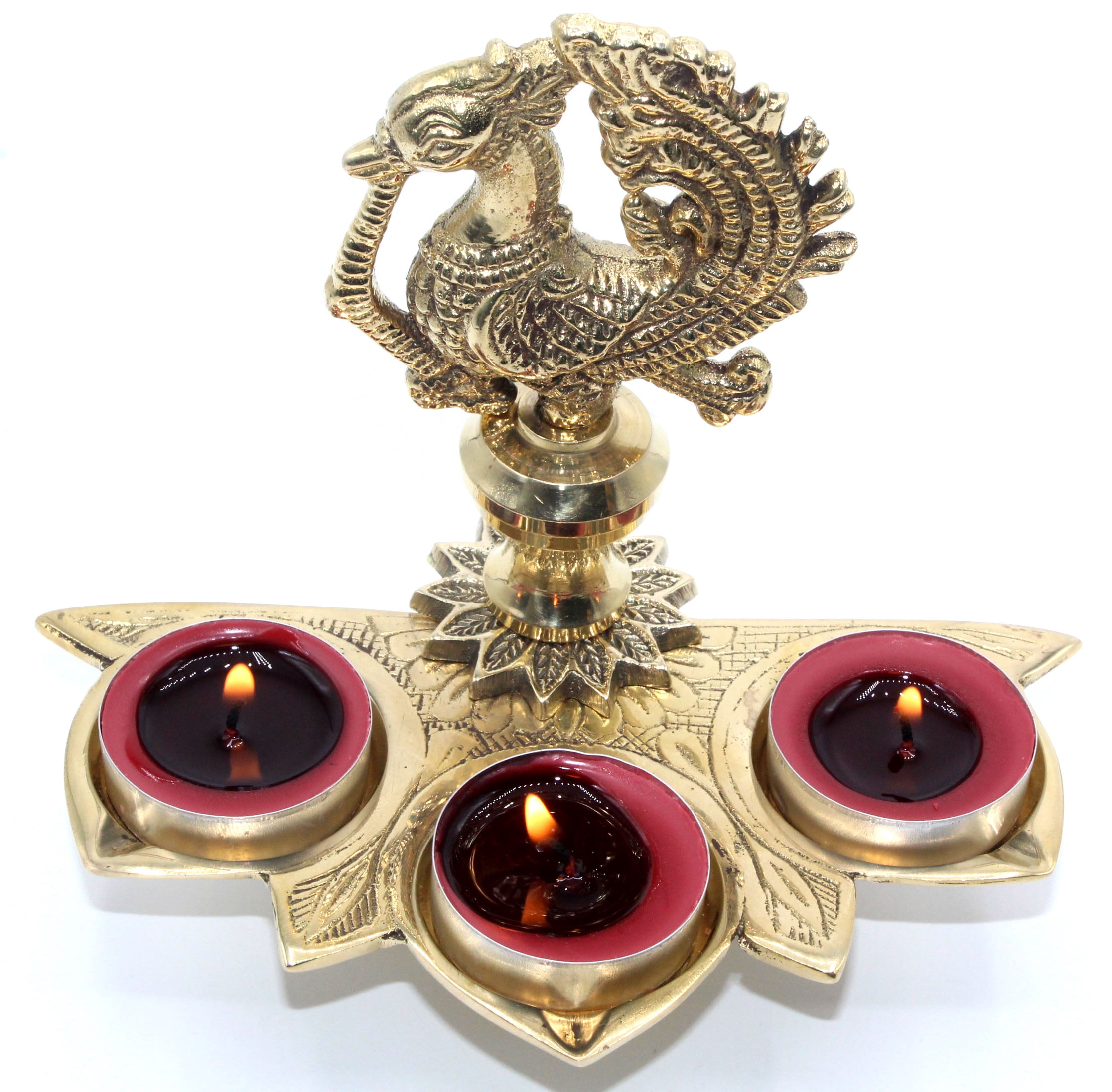 Dalax-Handmade Solid Brass Peacock Tabletop 3 Tealight Candleholders Centerpiece Decorations | Indian Decor Golden Diya Puja/Pooja Oil Lamp Housewarming Return Gift Set