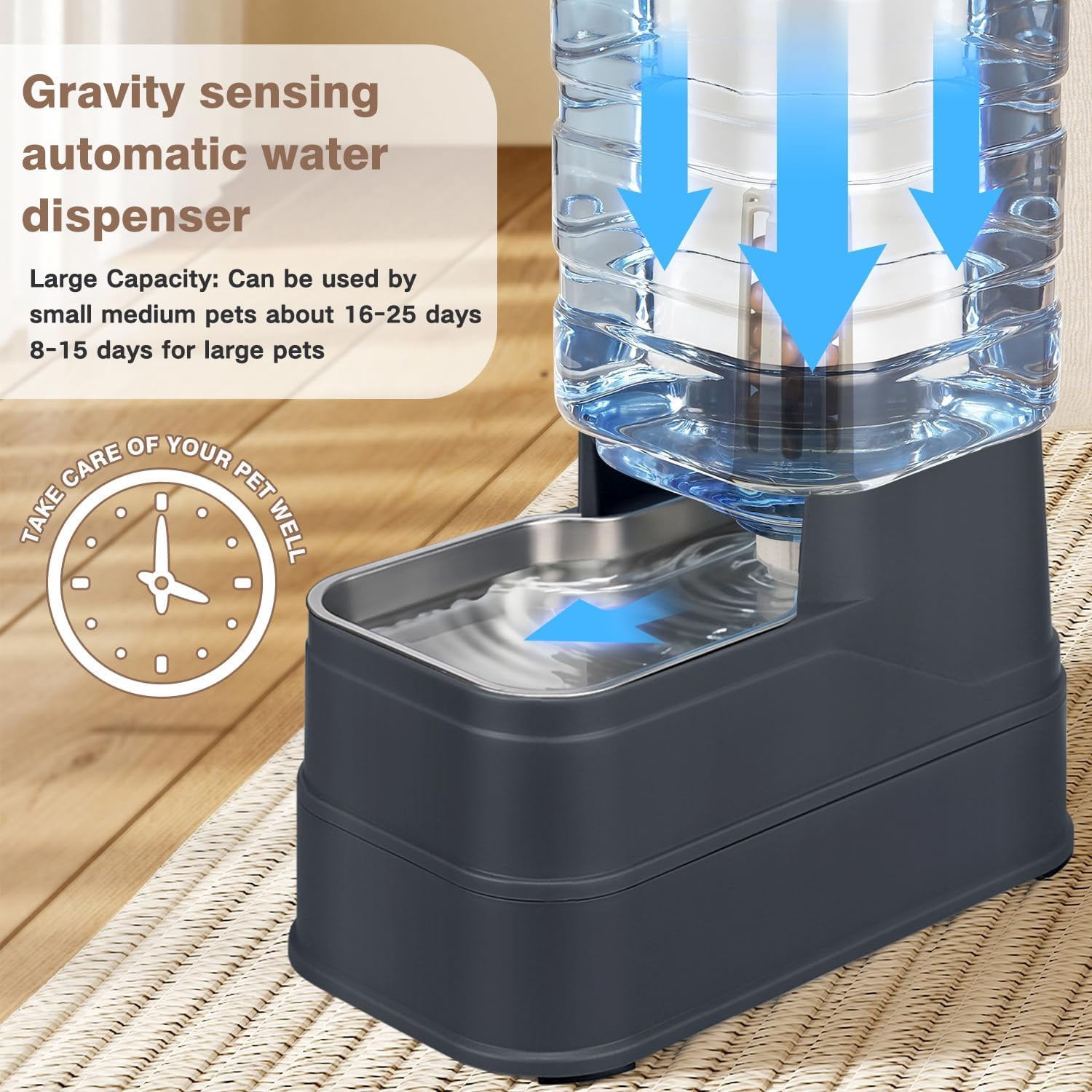 2.2 Gallon Pet Automatic Dog Water Dispenser Cat Gravity Waterer Feeder with Stainless Steel Bowl Large Capacity Puppy Feeding Raised Bowls with Filter,Ice Pack for Large Pets