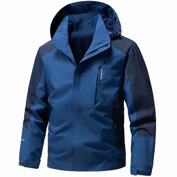 Rrxhxhs Raincoat for Men Color Block Long Sleeve Hook & Loop Cuffs Lightweight Casual Hooded Windbreaker Jacket with Zipper Pockets for Mountaineering Camping Travel,Blue,L