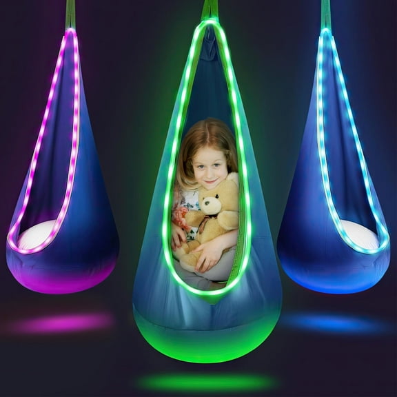 UQN Kids Pod Swing Seat, Light Up Hanging Hammock Chair with Inflatable Pillow, Indoor and Outdoor Toy Sensory Swing for kids, 100% Cotton Loading Capacity 176 lbs