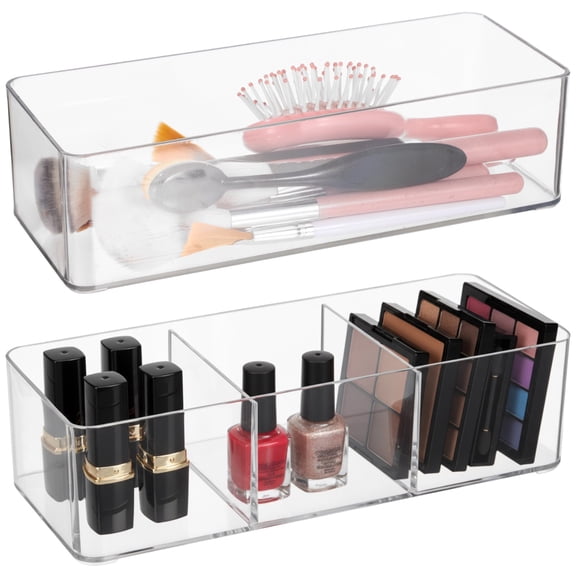 2 Pcs Acrylic Makeup Organizer Set, Clear Countertop Organizer with Open Design, Stackable Drawer Organizer Boxes, 9.1 x 3.5 x 2.6 in for Cosmetics, Cotton Pads
