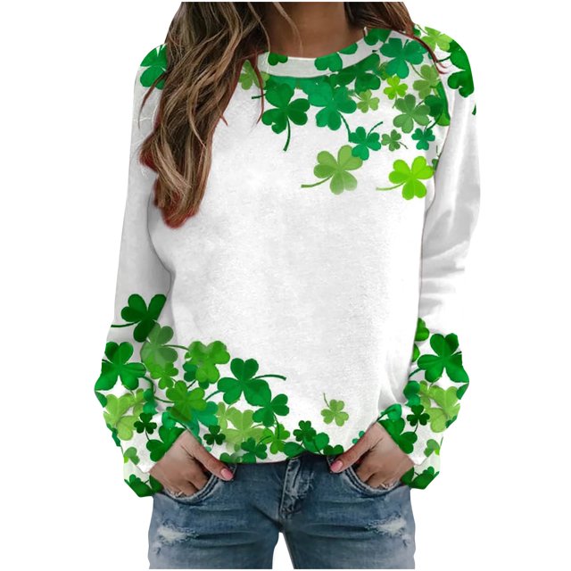 Penkiiy Chemises à Manches Longues pour Femmes, Mode Femmes Jour de la Saint-Patrick Imprimé Col Rond T-Shirt à Manches Longues Imprimé Chandail en Molleton Blouse Hauts TG Vert