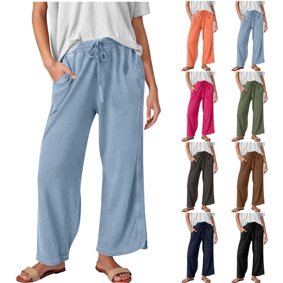 QATAINLAV Woman Loose Wide Leg Pants Solid Casual Palazzo Trousers Drawstring High Waisted Split Hem Flowy Cropped Sweatpants with Pockets Navy M Gifts for Girls