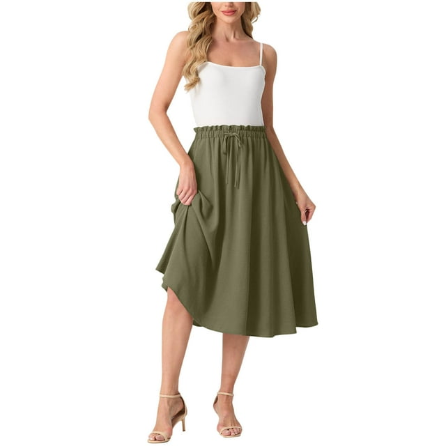 Kaemgyyd Flowy Skirt for Women Drawstring Paper Bag Elastic Waist Midi Skirt Loose Comfy Solid Color Boho Ruffle Skirt