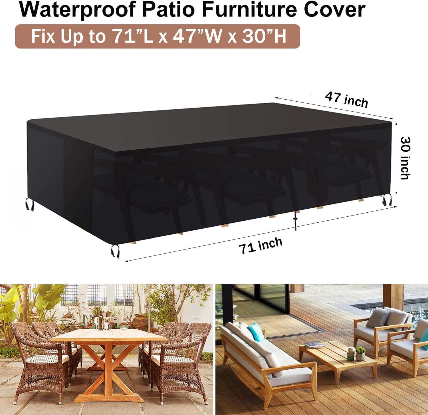 DINOSAM PATIO FURNITURE COVERS WATERPROOF, OUTDOOR FURNITURE SET FOR WINTER, DURABLE OUTDOOR FURNITURE COVERS WITH 4 WINDPROOF BUCKLES,BLACK PATIO TABLE COVER FITS