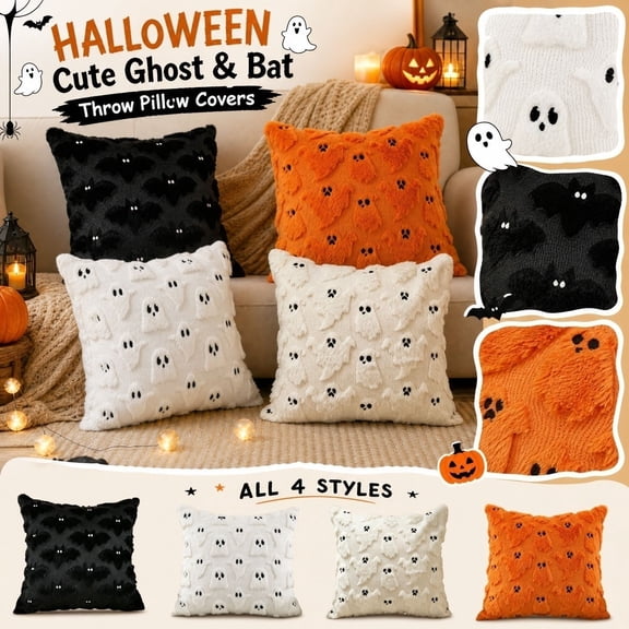 Halloween Pillow Covers 20X20 Inch Set of 2, Cute Ghost and Bat Throw Pillow Cover for Sofa Couch Bedroom, Fall Halloween Decorations for Office