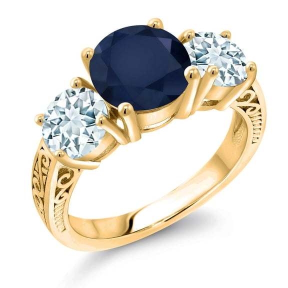 Gem Stone King 3.96 Ct Round Blue Sapphire Sky Blue Aquamarine 18K Yellow Gold Plated Silver Ring (Size 9)