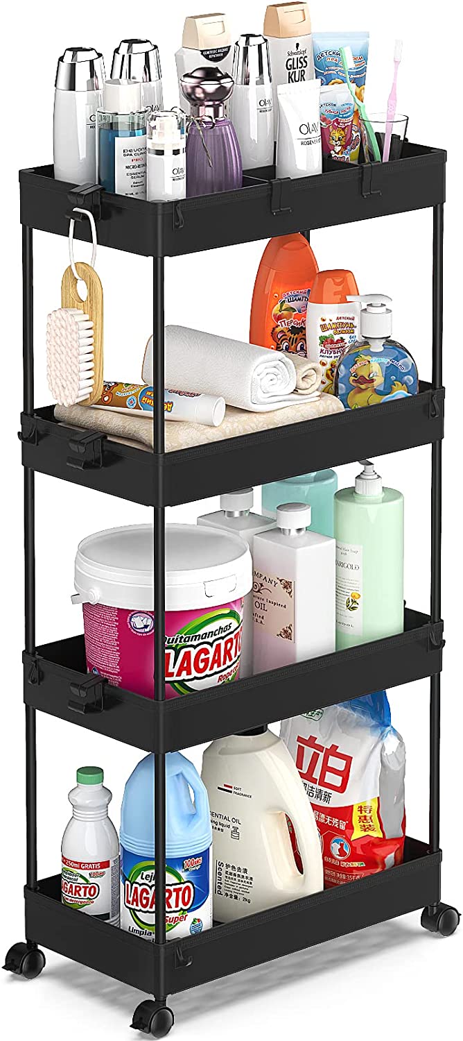 Storage Cart 4 Tier, Storage Organizer Bathroom Rolling Utility Cart