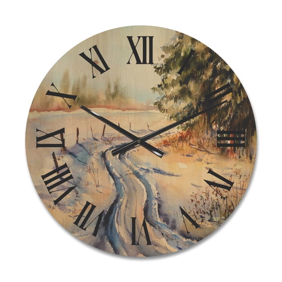 Designart 'Snowy Winter Forest Landscape Rural Road In Snow' Traditional Wood Wall Clock