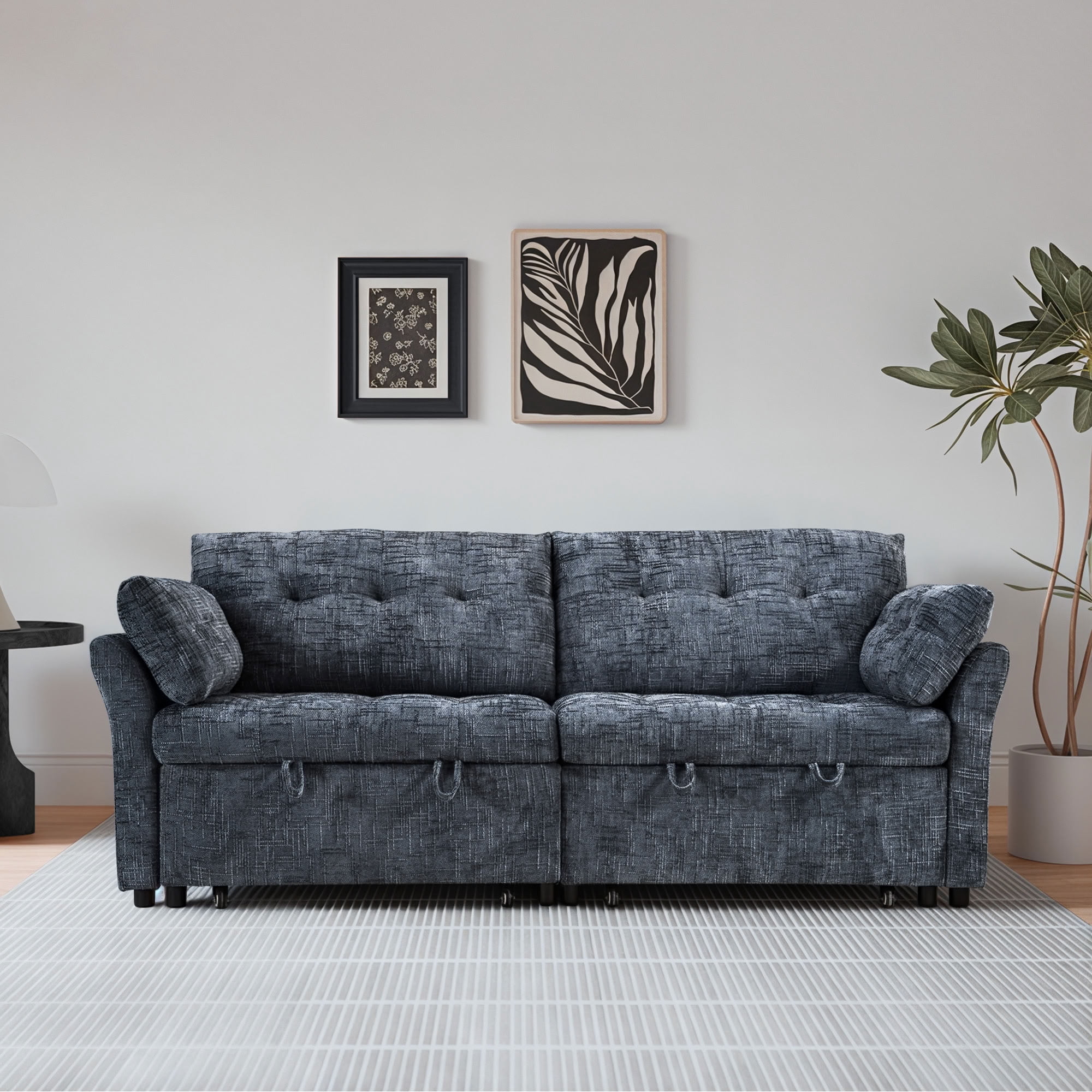 MAYEERTY Convertible Sleeper Sofa with Double Pull-Out Beds, 3-in-1 Tufted Linen Sofa Bed with 180° Flat Backrest, for Living Room, Apartment, Small Space