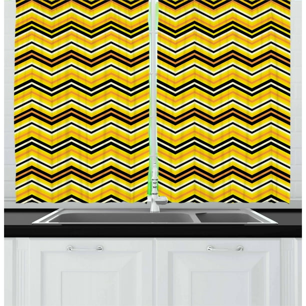Yellow Chevron Curtains 2 Panels Set, Horizontal Zigzag Stripes in
