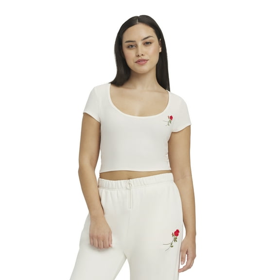 Mills by Millie Bobby Brown Women's Embroidery Ribbed Short Sleeve Crop T-Shirt, Sizes XXS-XXL