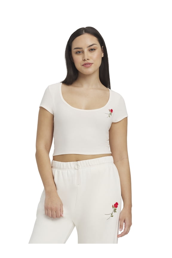 Women's Embroidery Ribbed Short Sleeve Crop T-Shirt, Sizes XXS-XXL