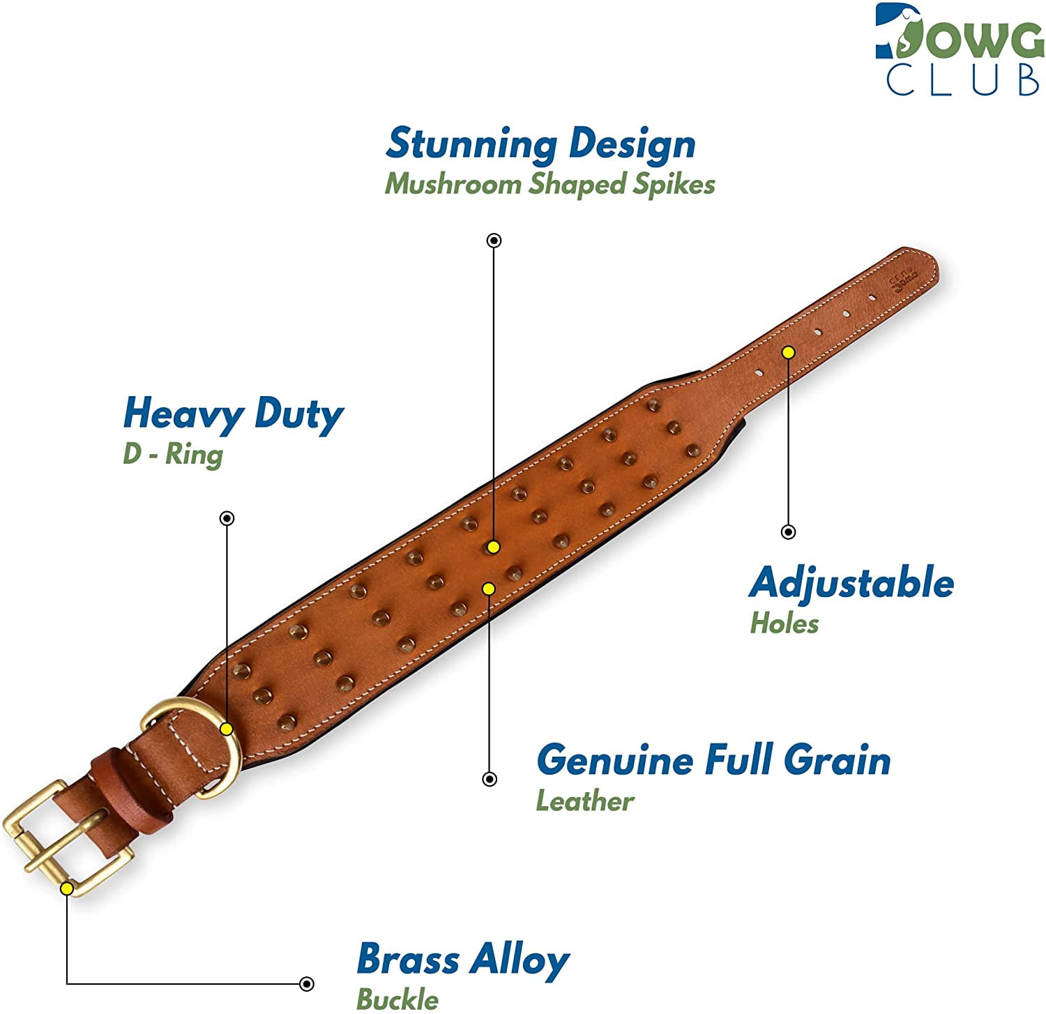 DowgClub | Genuine Leather Heavy Duty Spiked Dog Collar | Full Grain, Cushion Sheep napa padding Inside, Comfortable, Strong | Best for Medium, Large, X-Large Breeds | Cherry, Black, Pink, Tan |