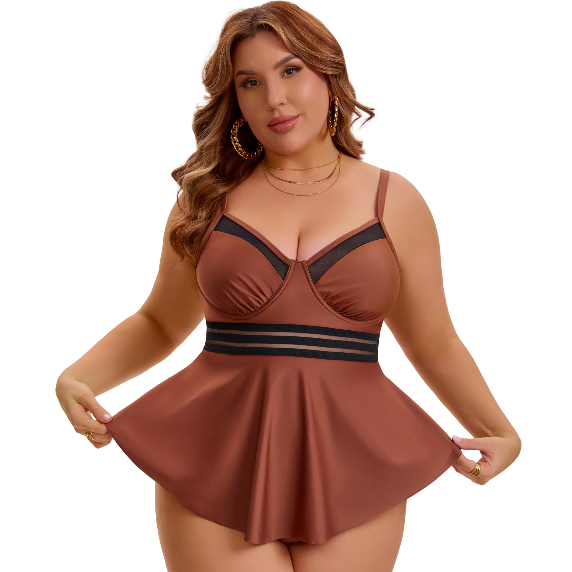 DARING DIVA Women's Plus 2pcs Swimsuit Tankini and Shorts Tummy Control L Coffee