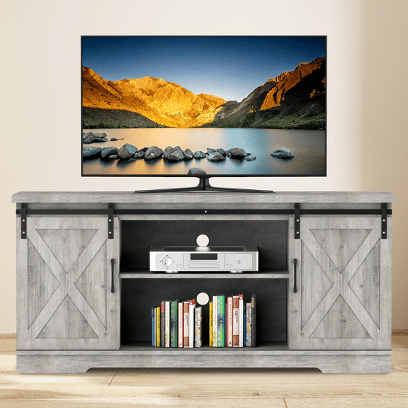 Gaderth Farmhouse TV Stand For 65 Inch TVs, 59'' Wide Entertainment Center With Storage And Sliding Barn Doors, Media Console TV Cabinets Television Stands For Living Room, Bedroom