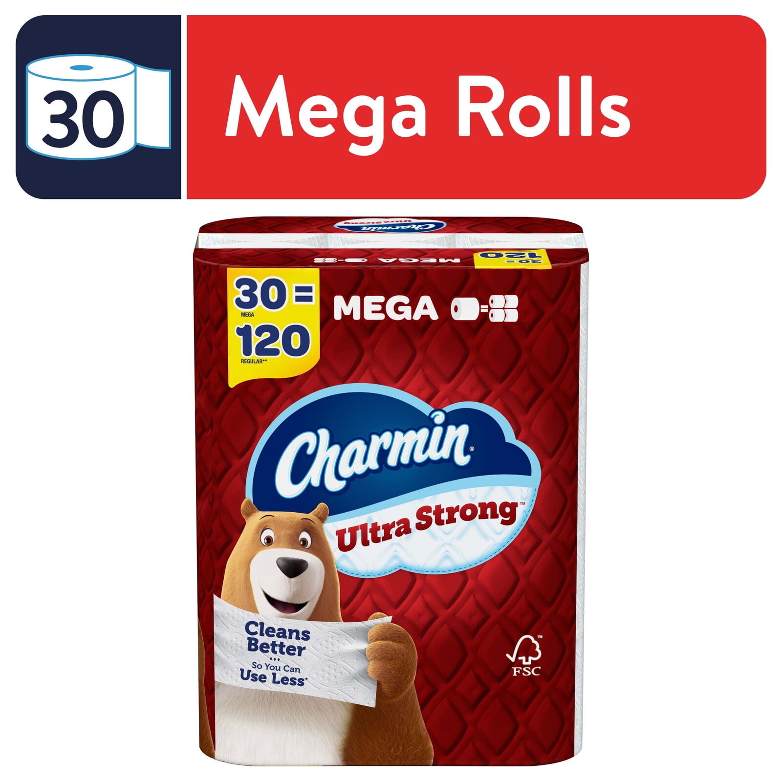 Charmin Ultra Strong 2ply Toilet Paper, Mega Roll Bath Tissue ClogSafe 30 Super Mega Rolls