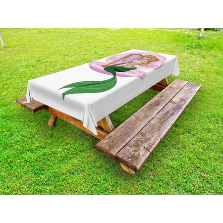 Fairy Picnic Mermaid Outdoor Tablecloth, Little Mermaid with Blonde Hair Playing Harp Fairy Tale Romance Art Illustration, Decorative Washable Fabric Picnic Table Cloth, 58 X 84 Inches,Pink Green, by Ambesonne ()