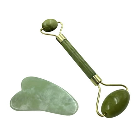 Tinymills 2PCS Jade Stone Roller Face Massager Anti Aging With Gua Sha Scraping Tool