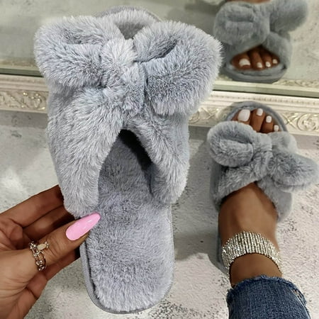 

Women S Slippers Women S Fashion Bowknot Warm Pure Color Comfortable Plush Cotton Slippers Shoes For Women Furry Gray 41