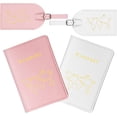 thumbnail image 1 of Etiqueta de equipaje y fundas para pasaporte, 2 etiquetas de maleta de cuero PU, 2 soportes para pasaporte de viaje, etiquetas de equipaje para evitar bolsas y maletas perdidas (rosa+blanco), 1 of 5