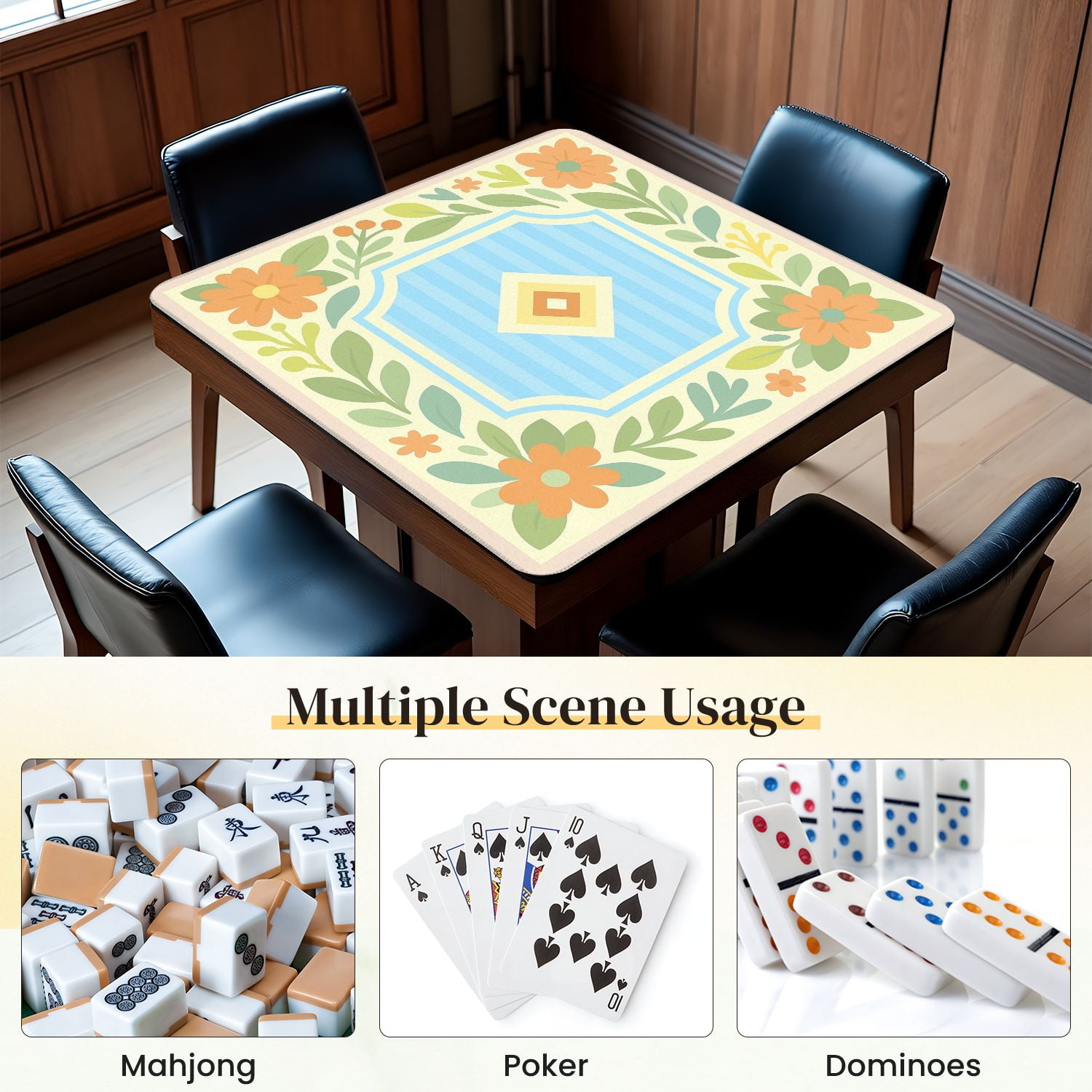Mahjong Mat 31.5" x 31.5" Floral Soft Pastels Geometric Centerpiece Anti-Slip and Noise Reduction Symmetry Design Mahjong Tiles Table Cover for Dominoes Poker Card Board and Tile Games
