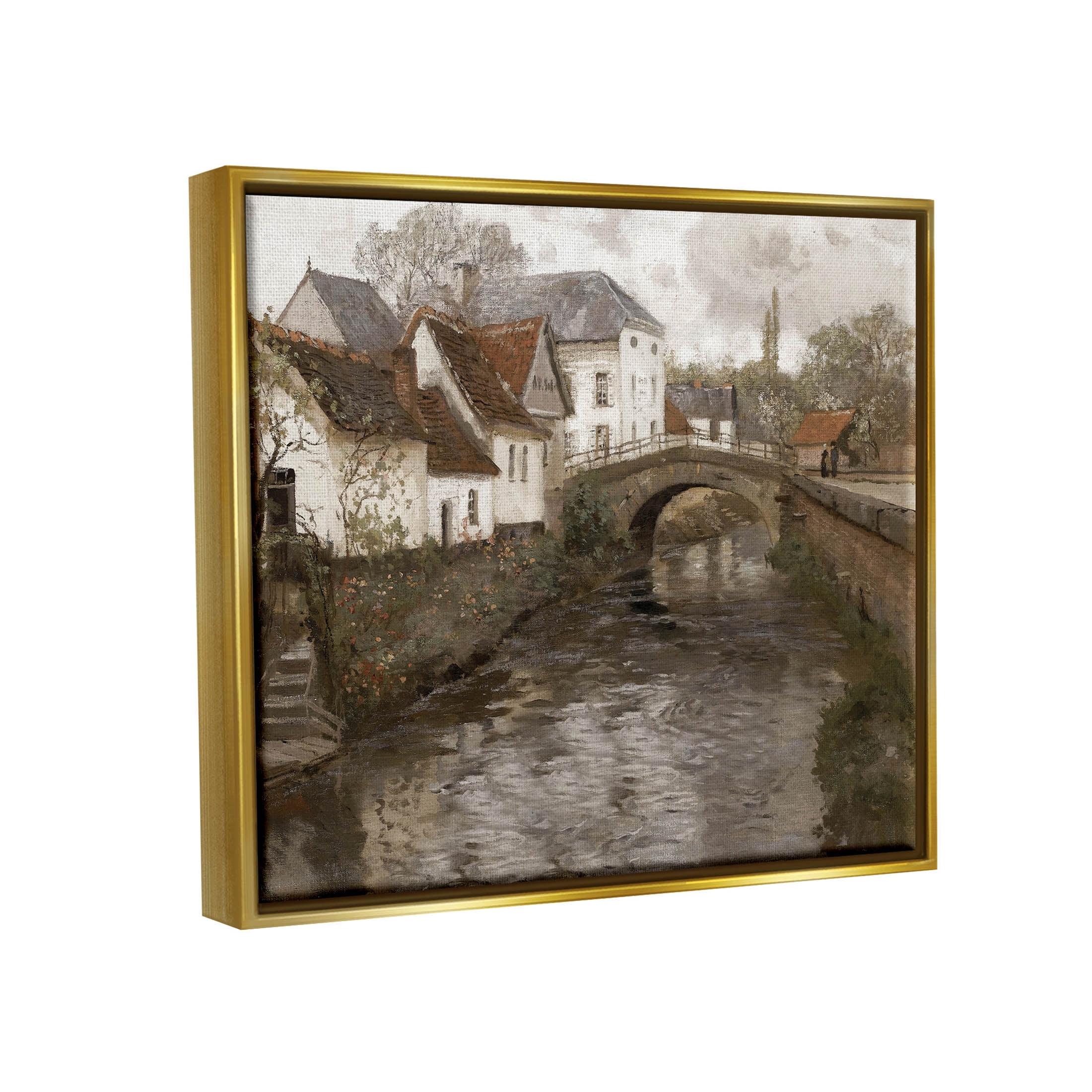 Classic Canal Neighborhood Scenery Landscape Painting Metallic Gold Framed Art Print Wall Art
