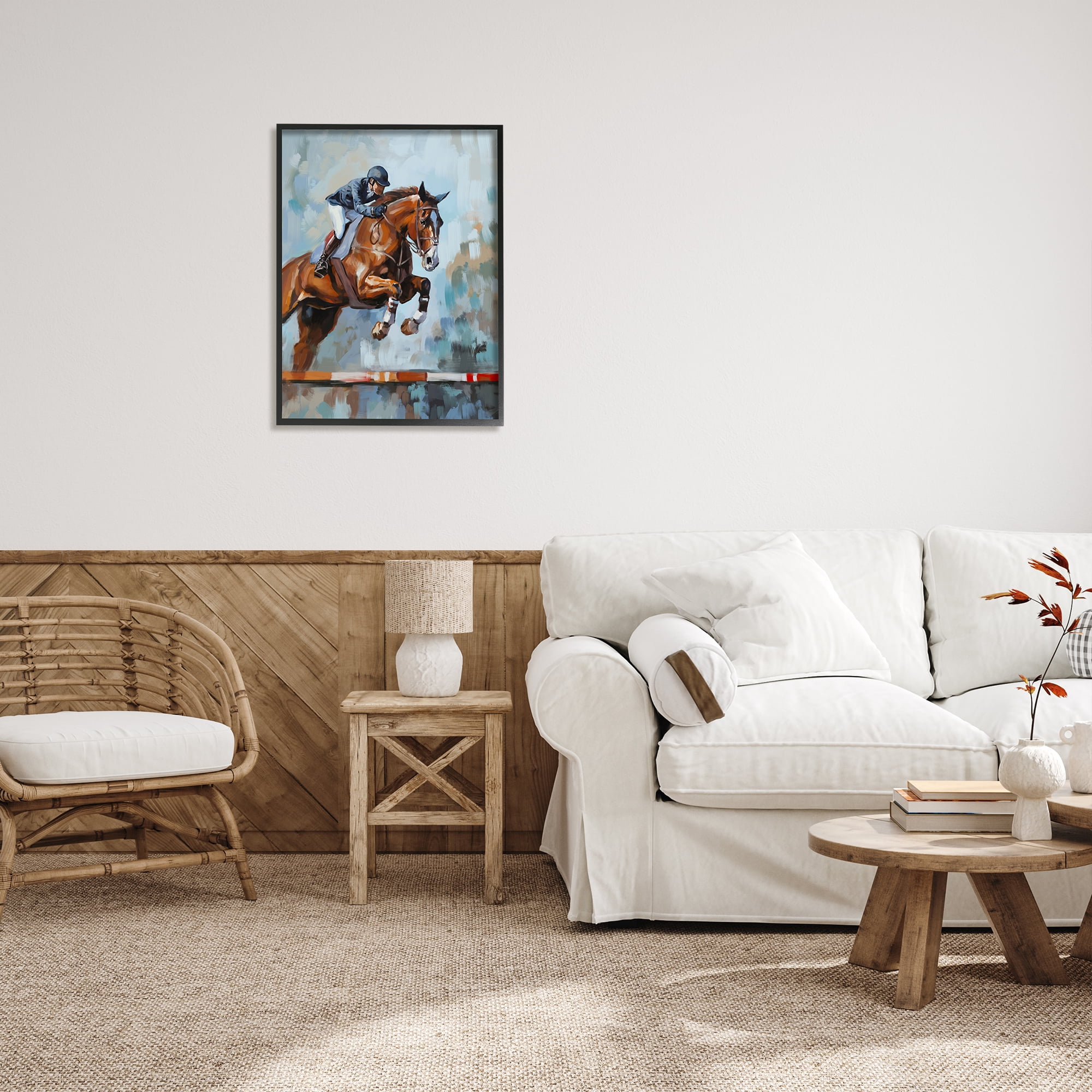 Stupell Industries Jockey Jumping Hurdle Animals & Insects Painting Black Framed Art Print Wall Art, 24 x 30