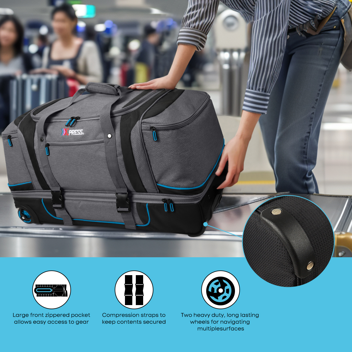 30 Inch Rolling Duffle Bag with Telescopic Handle, Wheeled Duffel Bag with Drop-Bottom,  Large Luggage Bags for Travel, Grey/Green, TBL074