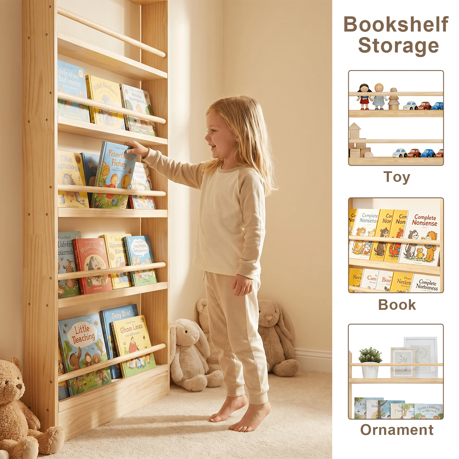 6 Tier Behind The Door Bookshelf, Wooden Kids Bookshelf with Open Storage, Wall Mount Shelve & Space-Saving, Solid Wood Bookshelf for Bedroom, Living Room, Playroom (Natural Wood)