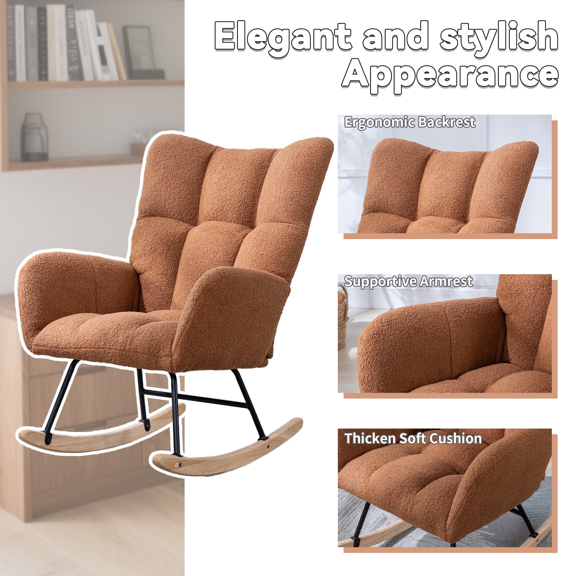 Leumius Rocking Chair Nursery,Teddy Upholstered Glider Rocker with High Backrest,Modern Rocking Accent Chairs Glider Recliner for Living Room, Nursery, Bedroom,Brown