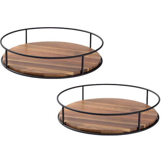 ACDANC 3/2/1pcs Acacia Wood Lazy Susan Turntable Organizer Round Wooden Kitchen Countertop Rotating Spice Rack With Steel Sides 9/7/6" Storage For Dining Table Cabinet Cupboard Pantry Refrigerator