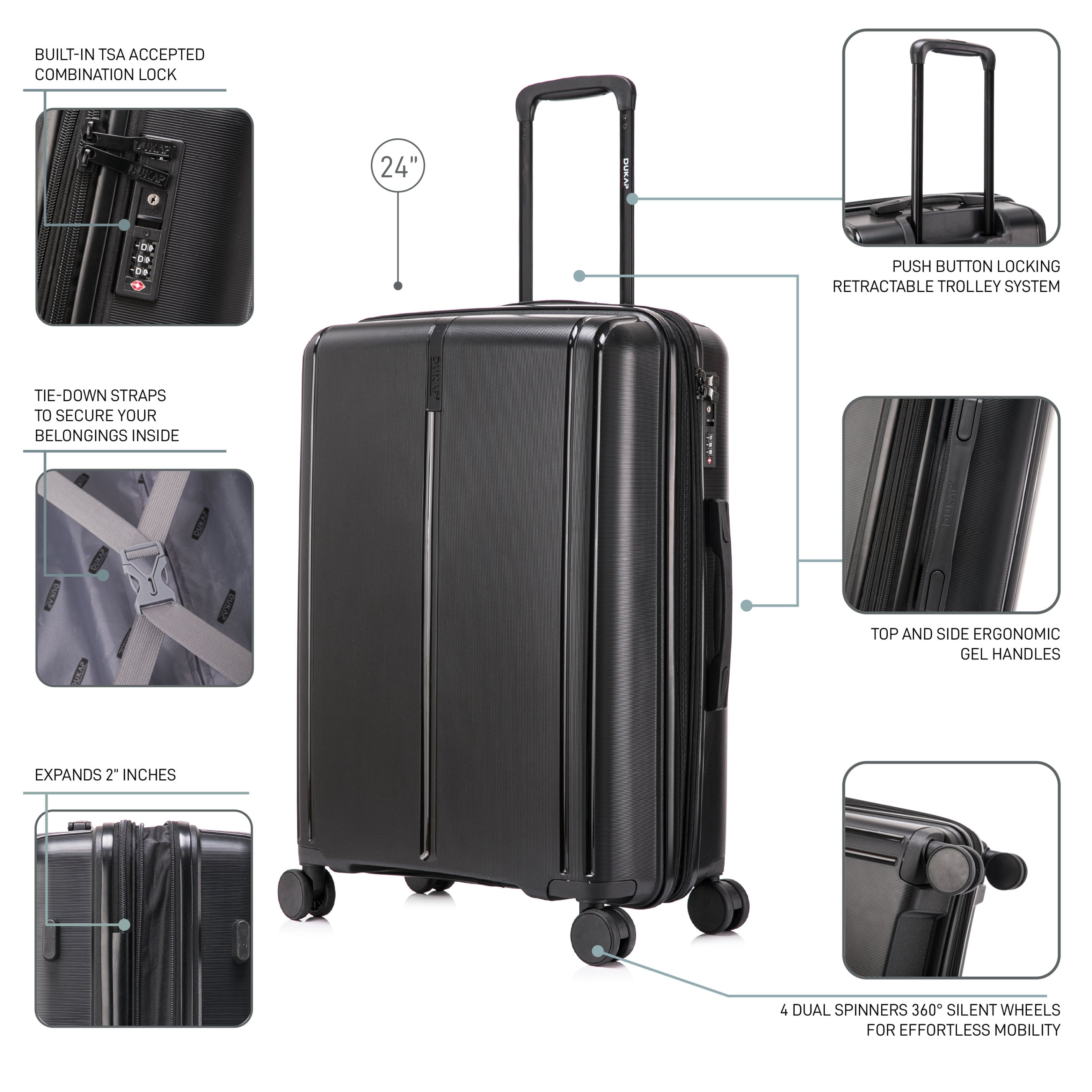 DUKAP AIRLEY 24" Lightweight Hardside Checked Luggage with Spinner Wheels, Handle and Trolley, Black