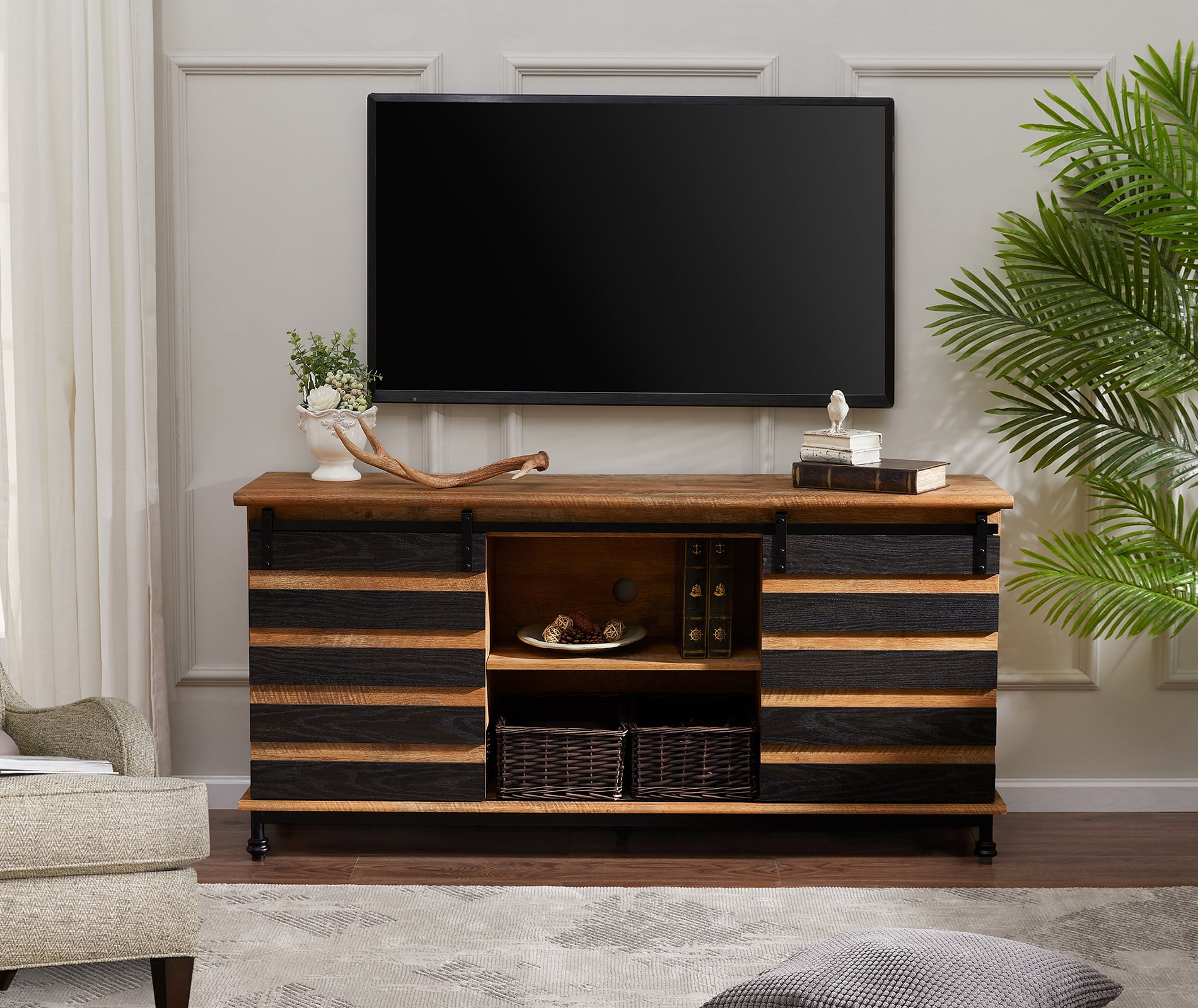 Farmhouse TV Stand for TVs up to 65 Inches, Wood Media Entertainment Center with Storage Cabinet for Living Room, Black & Brown
