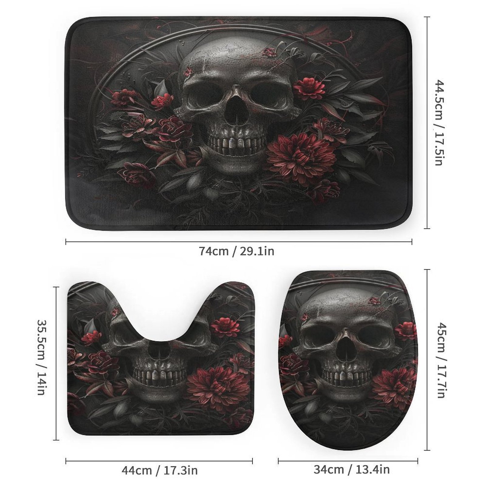 Dark Skull Flower 4 Pcs Bathroom Shower Curtain Set, Bathroom Sets with Rugs (Bath Mat, U Shape and Toilet Lid Cover Mat) and 12 Hooks,