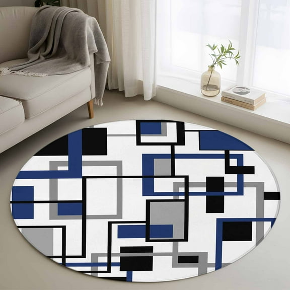 Navy Blue Black Grey Geometric Round Area Rug 3 FT,Small Kitchen Bathroom Mat,Middle Century Modern Abstract Art Washable Indoor Outdoor Throw Runner Carpet Doormat for Table Shower Sofa Entryway