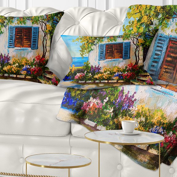 Designart House Near Sea Oil Painting - Landscape Painting Throw Pillow - 12x20