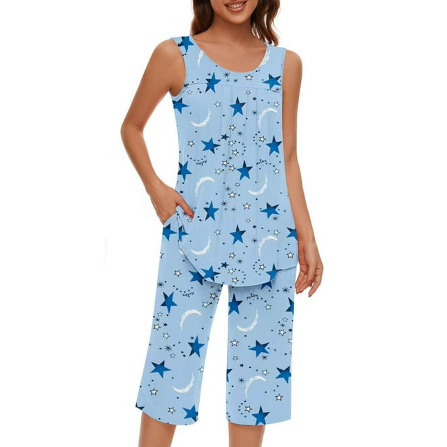DPTALR 2PC Woman Round Neck Printing Sleeveless Blouse +Shorts Pants Elastic Waist Loungewear Sets