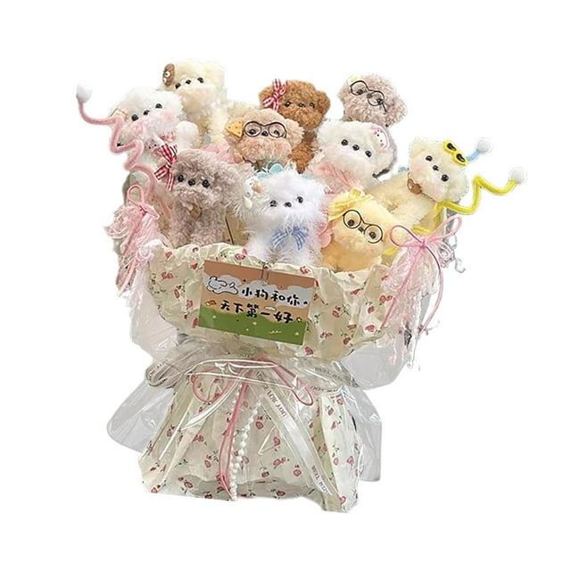 Ramo de perro de peluche con luz, decoración artesanal, ramo de flores para muñecas, regalo para boda, cumpleaños, mamá, suministros para fiesta de