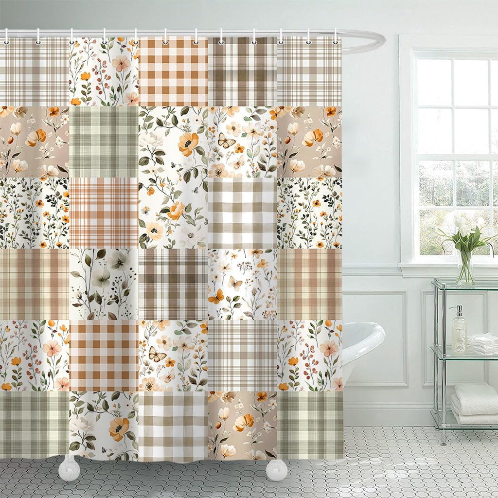 Cute Plaid Floral Shower Curtain, Boho Sage Green Flower Fabric Shower Curtains for Bathroom, Retro Pink Flower Checkered Patchwork Bath Curtain Set Washable Waterproof with 12Hooks 72X72IN