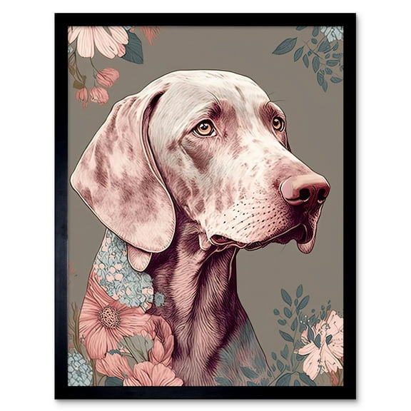 Weimaraner Dog Portrait with Flower Patterns Modern Detailed Illustration Art Print Framed Poster Wall Decor 12x16 inch