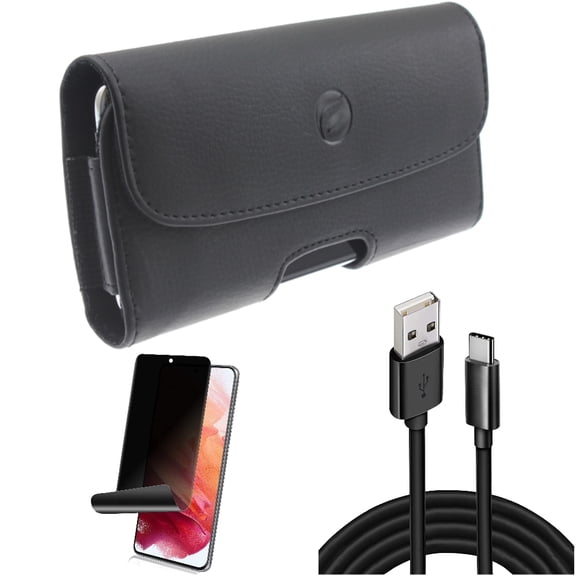 10ft USB Cable & Case Belt Clip & Privacy Screen Protector for Samsung Galaxy S22 (6.1") - Type-C Charger Cord & Leather Holster & TPU Film Fingerprint Works Accessory Bundle