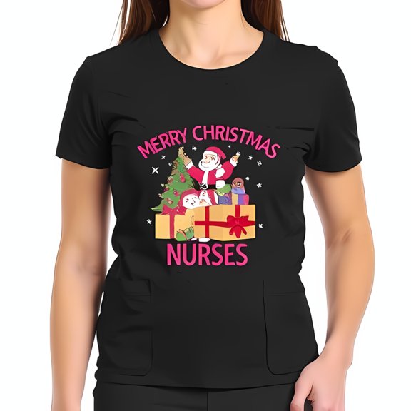Merry Christmas Nurses Cotton Short Sleeve T-Shirt with Santa Gifts & Tree Design - Festive Holiday