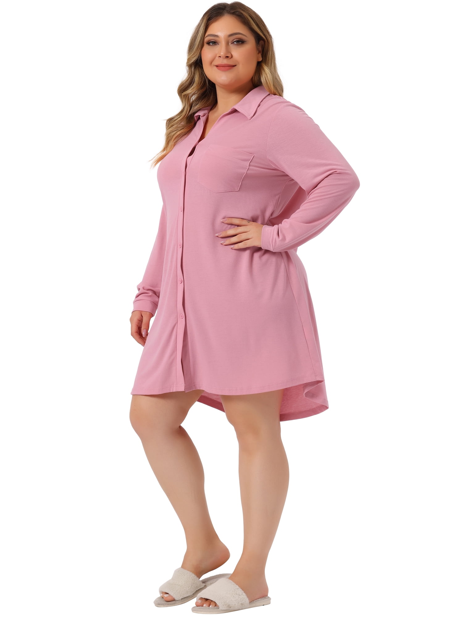 Unique Bargains Women's Plus Size Button Down Pajama Dress Sleepwear Nightshirt 4X Pink