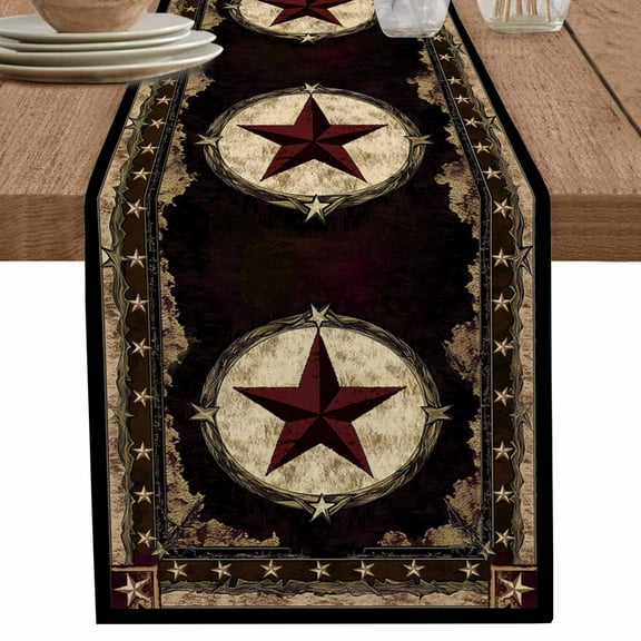 Western Stars Brown Table Runner 108 Inches Long for Dining Table Decor,Farmhouse Country Vintage Wood Grain Burlap Linen Farmhouse Table Runner Coffee Table Runners Dresser for Kitchen Party Holiday